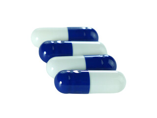 Bulk blue and white capsule pills isolated on white background.