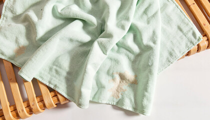 Crumpled mint cloth with stains on wooden surface  