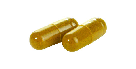 Bulk brown herbal capsule pills isolated on white background.