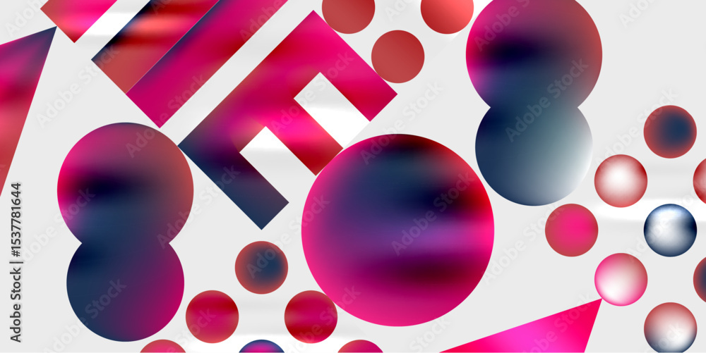 Poster abstract composition. pink, purple, navy shapes overlap white background. geometric forms create dyn