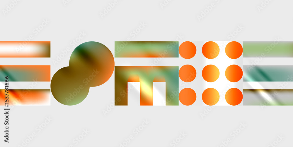 Poster abstract design features blurred orange, teal shapes. circles, rectangles form dynamic composition a