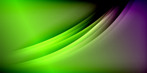 Fototapeta premium Abstract gradients blend vibrant green, purple hues. Smooth curves create dynamic flow, contrasting dark background. Modern design.