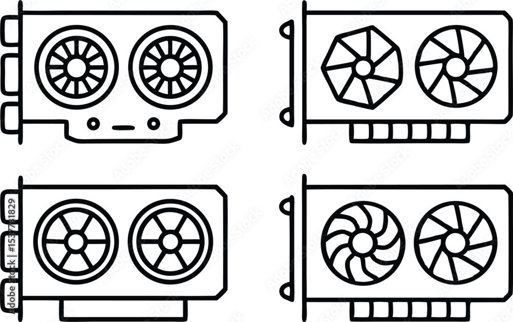 Poster high resolution gpu card icon set featuring hardware and cryptocurrency mining components isolated o