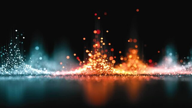 Quantum data teleportation with glowing orange and blue particles forming abstract digital wave and particle effect in futuristic space