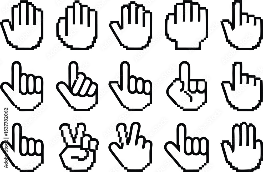 Poster retro pixel art hand gesture icons set isolated on transparent background