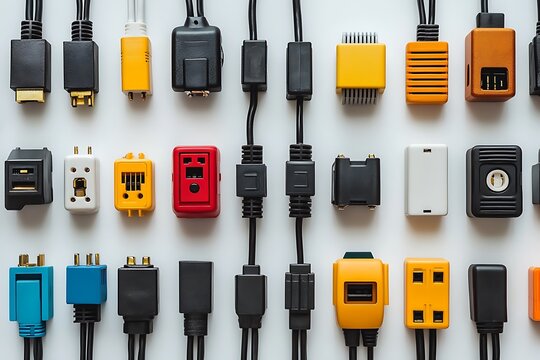 Overhead arrangement of various electronic cables and connectors on a clean white background