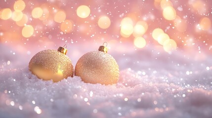 Two gold-colored Christmas ornaments lying on a snowy surface with a bokeh background of warm, glowing lights.