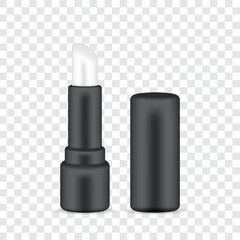 Open lip balm in black tube with cap placed nearby on transparent background, realistic vector mockup