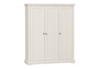White wooden wardrobe standing with three doors, sporting metal knobs, isolated on transparent background, serving interior design needs