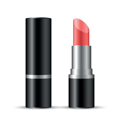 Obraz premium Open red lipstick in black tube with cap nearby, realistic vector cosmetic mockup