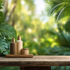 Wooden table with skincare bottles in a lush jungle setting