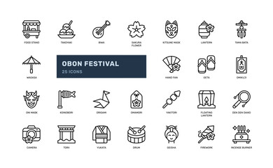 Obon Festival Outline Icon Set with Japanese Traditional Objects