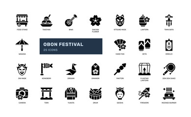 Obon Festival Glyph Icon Set with Japanese Cultural Elements