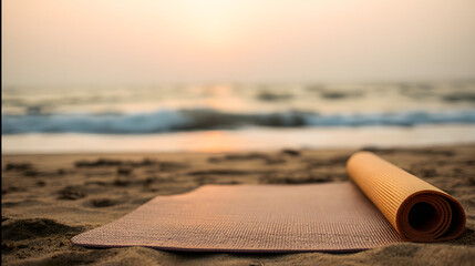Yoga mat on sunset beach with ocean waves, peaceful golden hour serenity