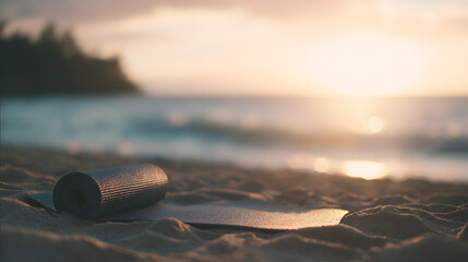 Yoga mat on sunset beach with ocean waves, peaceful golden hour serenity