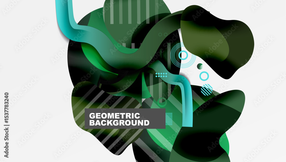 Poster Abstract design features flowing green shapes, dark layers, geometric patterns. Modern aesthetic, dynamic composition, clean lines present.