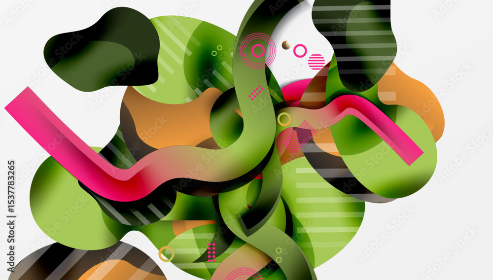 Poster Abstract composition. Fluid shapes overlap, creating dynamic visual experience. Colors blend, forming modern design.