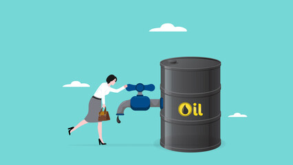global crude oil shortage, the amount of crude oil reserves is getting smaller, world oil crisis concept, sad businesswoman leaning on a dead crude oil tap from an empty barrel