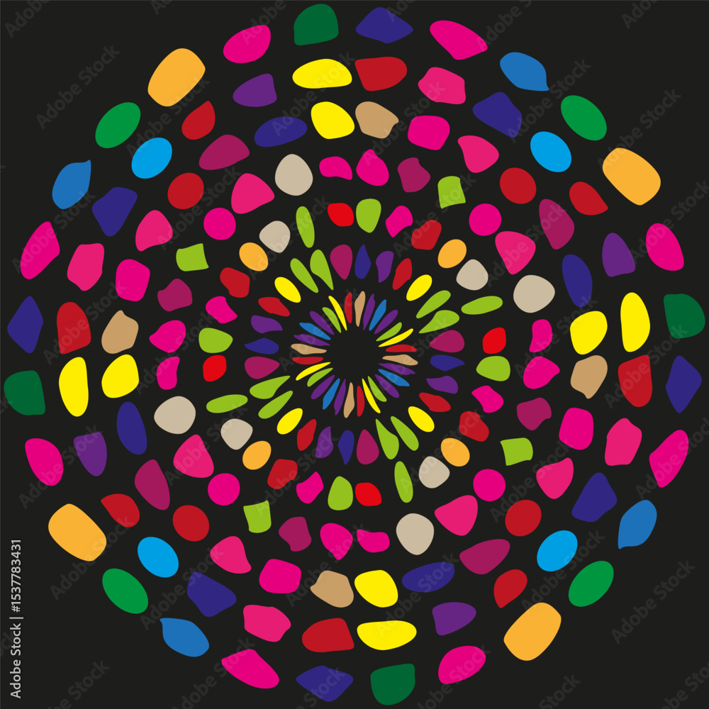 Poster colorful dots spiral. vector circular motion. abstract spot pattern. bright geometric form.