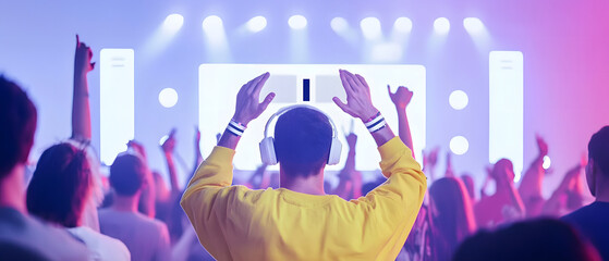 Summer concert stage and Festival vibes. DJ performing at a lively music festival with enthusiastic crowd.