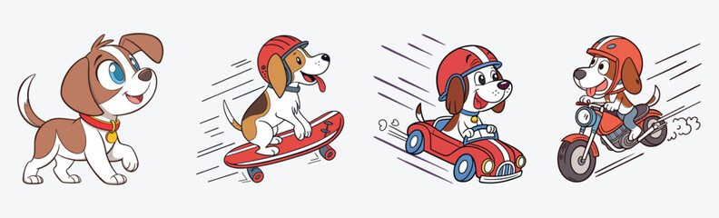 A Cute funny puppy dog playing skate, dog riding high speed bike, or a dog riding car and cute funny dog smile face vector.