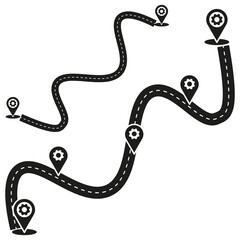 Curvy path icon. Location marker shape. Road direction vector. Black white design.