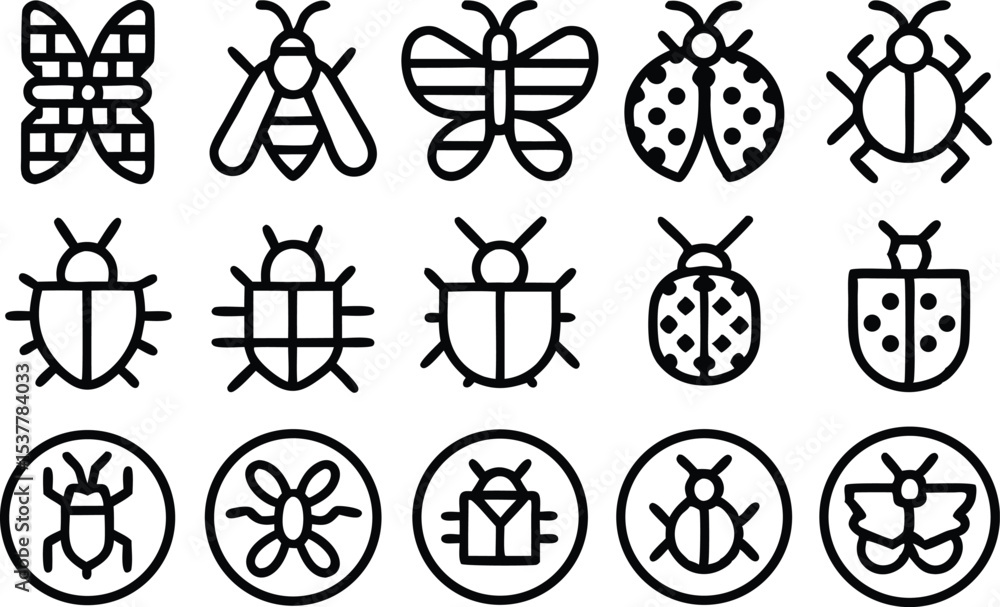 Poster pixel art insect icons set outline pixelated bugs isolated on transparent background