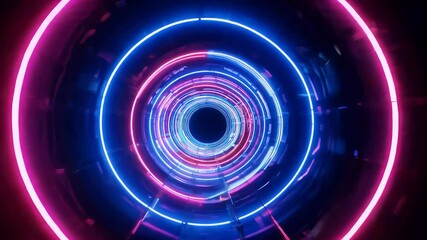Glowing neon lines forming tunnel blue red pink violet light creating vibrant futuristic fluorescent spectrum captured 4K animation seamlessly looping provide visually striking beam black - Powered by Adobe