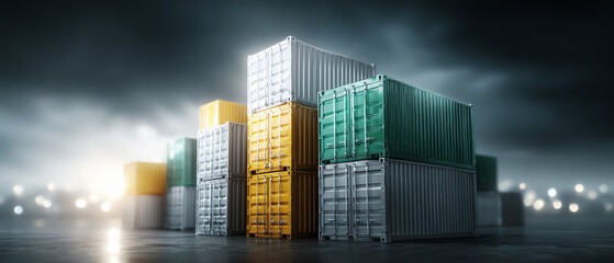Shipping container stack industrial storage logistics transportation metallic outdoor night dramatic lighting modern efficiency