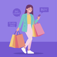 Happy woman Shopping Online with Smartphone