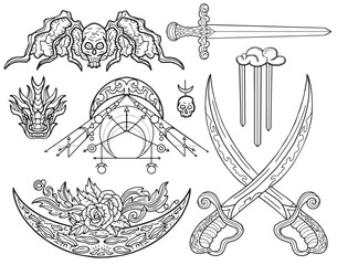 Design set with fantasy illustrations of sword, demons and decorated elements for tattoo, print, tarot cards. Vector line art drawings isolated on white. Mystic, epic and adventures concept 