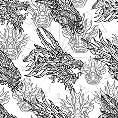 Seamless pattern with fantasy illustrations of dragons and decorated elements on white. Vector line art background with mystic, epic and adventures concept 