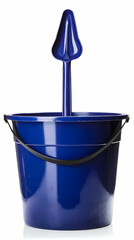 Blue plastic bucket with cleaning tool on white background. Possible use Cleaning supplies catalog
