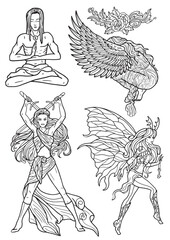 Design set with fantasy characters of angel, warrior, fairy and decorated elements for tattoo, print, tarot cards. Vector line art drawings isolated on white. Mystic, epic and adventures concept 