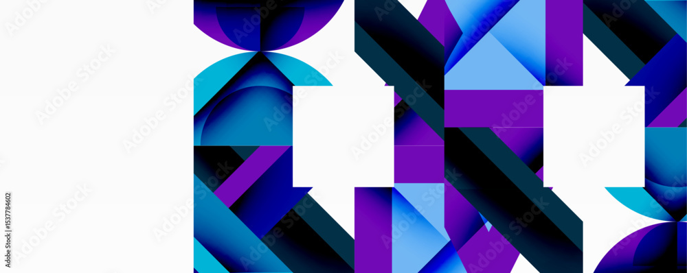 Poster abstract geometric shapes, blue purple tones, modern design. clean lines create dynamic visual impac