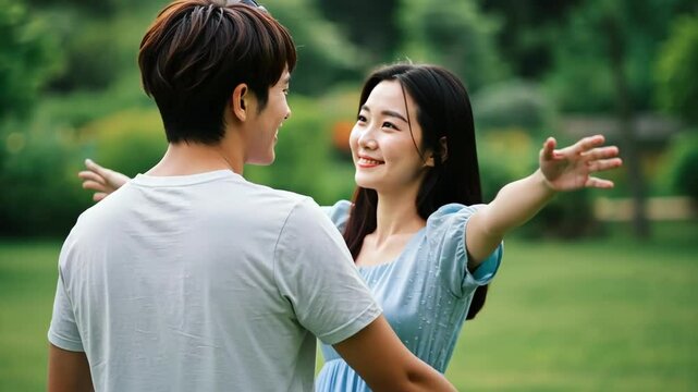 Loving couple outdoors embracing in a park