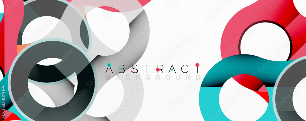 Poster Modern abstract design. Overlapping circles create dynamic visual effect. Red, teal, gray colors dominate composition. Simple, clean aesthetic.