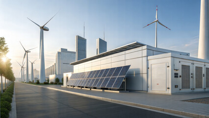 Modern sustainable energy facility with solar panels and wind turbines stands against cityscape backdrop, showcasing renewable energy innovation
