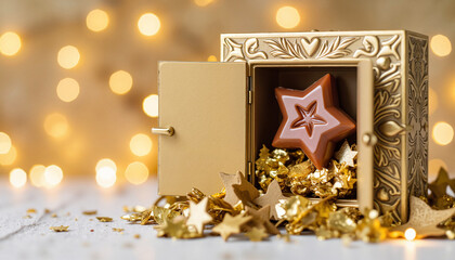 Golden gift box with star-shaped chocolate and festive decorations  