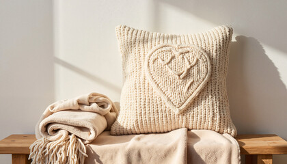 Cozy knitted cushion with heart design and soft blanket on bench  