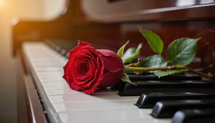 Red rose resting on piano keys in warm natural light  