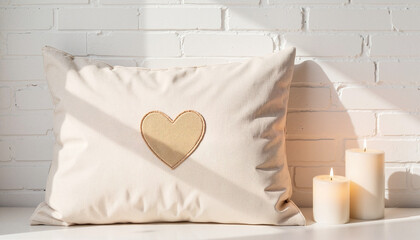 Decorative pillow with heart design beside candles on a table  