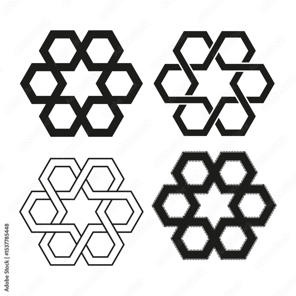 Poster hexagon flower icons. honeycomb geometric symbols. modular shape cluster. vector hexagon pattern.