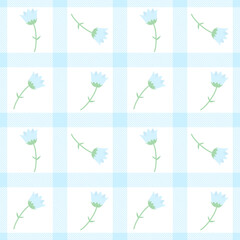 Flowers on Fabric pattern, blue checkered pattern, gift wrapping paper , seamless pattern 