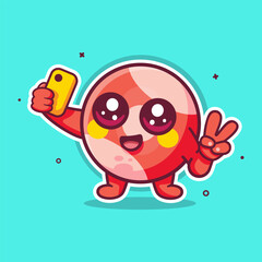 happy billiard ball character mascot taking a selfie with a smartphone isolated cartoon 