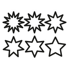 Star icon set. Geometric spark symbols. Black outline vector. Radiant abstract shapes.