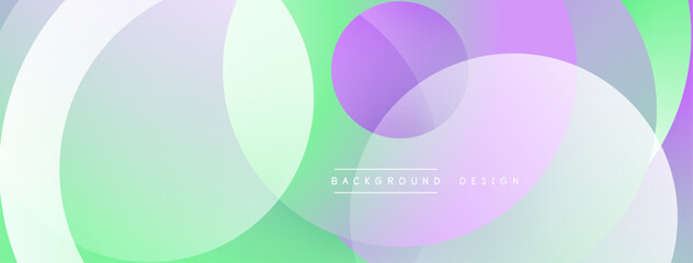 Abstract circles overlap, creating soft pastel gradients. Light green dominates with lilac, purple accents. Minimalist design for backgrounds.