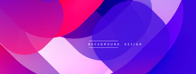 Abstract vibrant background. Overlapping shapes create dynamic visual effect. Purple, pink, blue hues dominate composition. Modern design element.