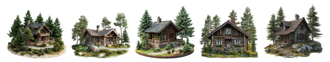 Rustic Cabins Surrounded by Lush Green Forest and Tall Trees Isolated Transparent Background