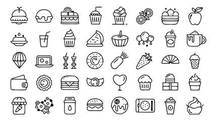 Food and Drink Outline Icon Set – 40 Line Art Icons, Restaurant Kitchen Vector